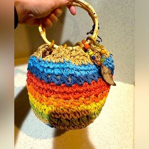 Cappelli Straworld Straw Satchel Bamboo Handle Multicolored Round purse. NWT